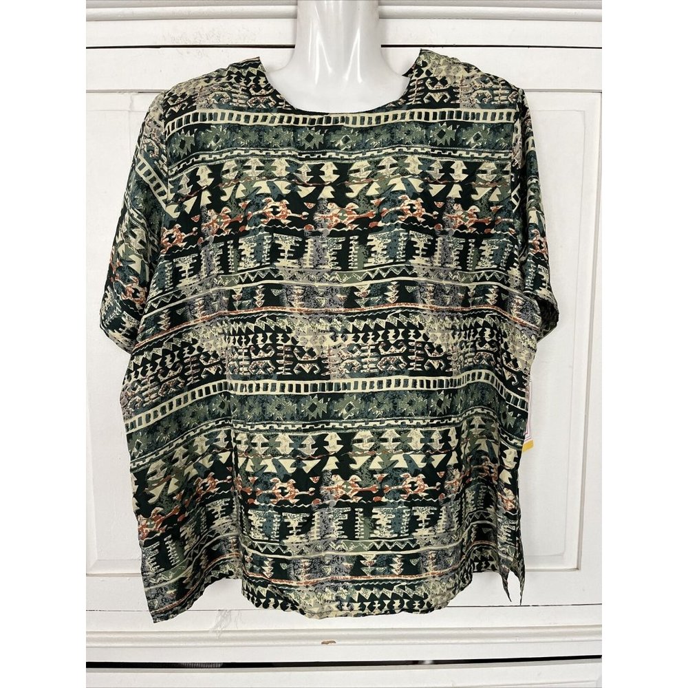 Stunt Collection 1X Silk Blouse Vintage Short Sleeve Geometric Print Top NEW